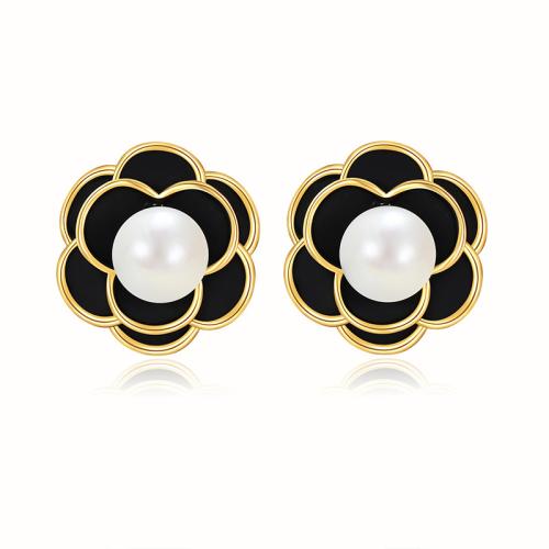 Boucle en laiton, avec perle de plastique, Camelia commune, bijoux de mode & pour femme, 11.3mm, Vendu par paire