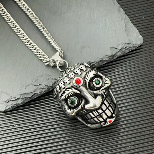 Rhinestone Stainless Steel Pendants, 304 Stainless Steel, Skull, DIY & with rhinestone, original color 