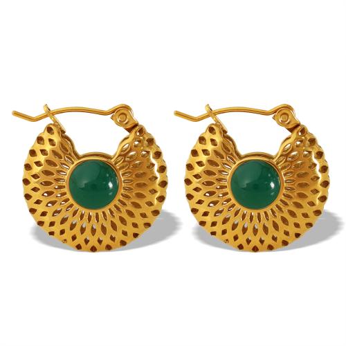 Boucles d'oreilles en acier titane, avec aventurine vert, Placage, bijoux de mode, doré Vendu par paire