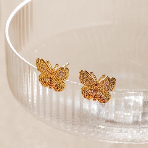 Cubic Zirconia Micro Pave Brass Earring, Butterfly, plated, fashion jewelry & micro pave cubic zirconia, golden [