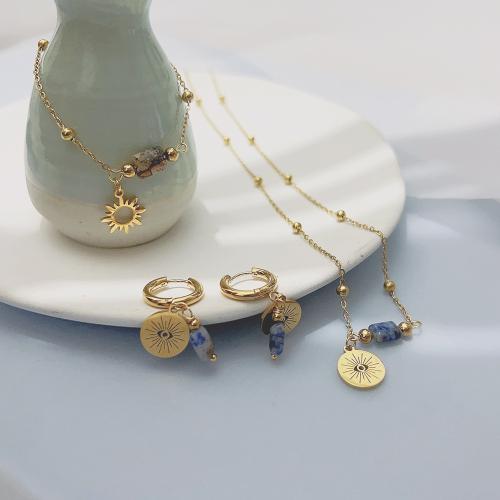 Fashion Stainless Steel Jewelry Sets, 304 Stainless Steel, with Natural Stone, with 5cm extender chain, 18K gold plated, fashion jewelry & for woman Approx 40 cm, Approx 17 cm 