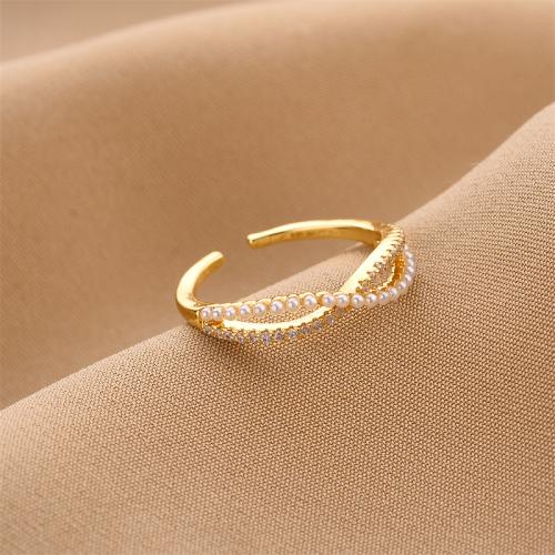 Rhinestone Brass Finger Ring, with Plastic Pearl, fashion jewelry & for woman & with rhinestone, golden, US Ring 