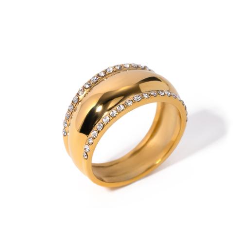 Bague en acier inoxydable , Acier inoxydable 304, Plaqué or 18K, normes différentes pour le choix & pour femme & avec strass, doré, width 9.8mm, Vendu par PC