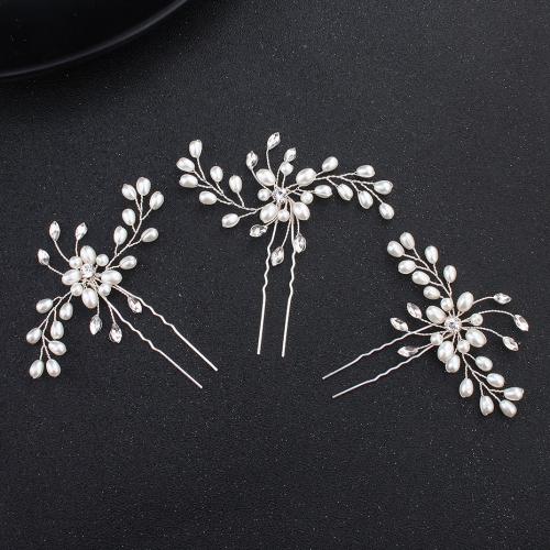 Palillos para el Cabello, aleación de zinc, con Perlas plásticas, Joyería & para mujer & con diamantes de imitación, plateado, 90x90mm, Vendido por UD