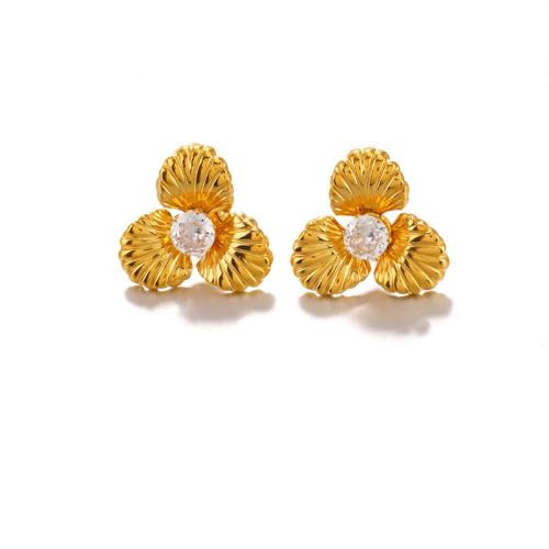 Edelstahl Stud Ohrring, 304 Edelstahl, Blume, goldfarben plattiert, Micro pave Zirkonia & für Frau, 23x23mm, verkauft von Paar