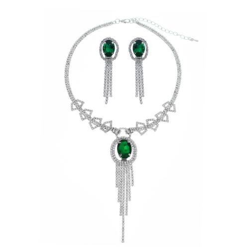 Strass Zink Legierung Schmuck Set, Zinklegierung, Ohrring & Halskette, 2 Stück & für Frau & mit Strass, Silberfarbe, earring 55mm, Länge:ca. 36 cm, verkauft von setzen