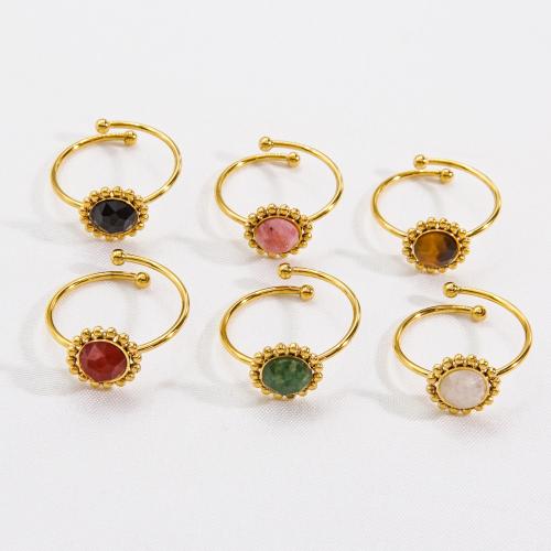 Gemstone Stainless Steel Finger Ring, 304 Stainless Steel, with Natural Stone, Flower, Vacuum Ion Plating, Adjustable & fashion jewelry & for woman 