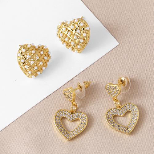 Cubic Zirconia Micro Pave Brass Earring, with Plastic Pearl, plated, fashion jewelry & micro pave cubic zirconia, golden 