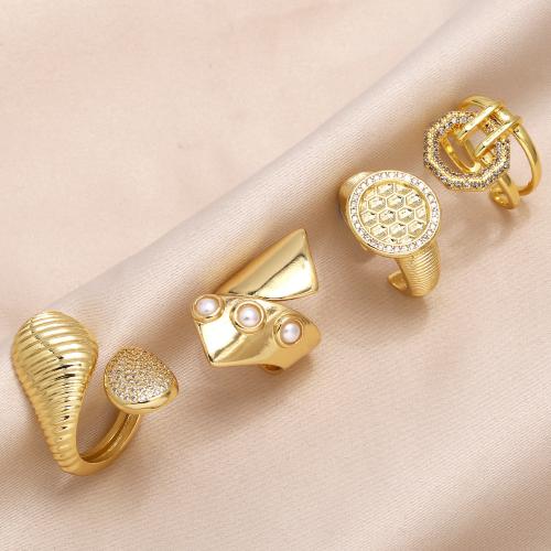 Cubic Zirconia Micro Pave Brass Finger Ring, with Plastic Pearl, plated, fashion jewelry & micro pave cubic zirconia, golden 