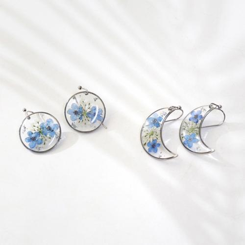 Resin Drop Earring, 304 Stainless Steel, with Dried Flower & Resin, epoxy gel & for woman, blue 