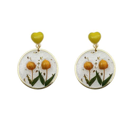 Resin Drop Earring, Brass, with Dried Flower & Resin, epoxy gel, for woman, golden 