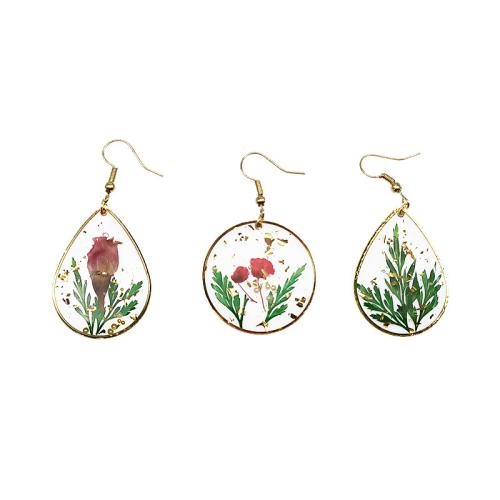 Zinc Alloy Drop Earring, with Dried Flower & Resin, epoxy gel & for woman 