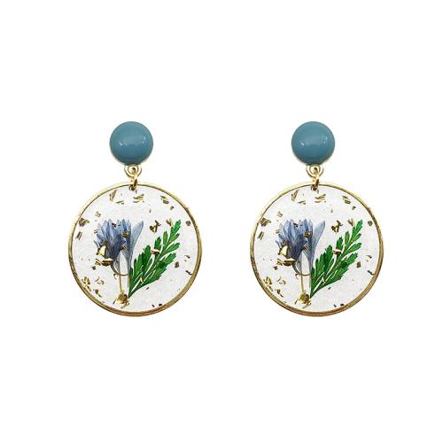 Resin Drop Earring, Brass, with Dried Flower & Resin, epoxy gel, for woman, golden 