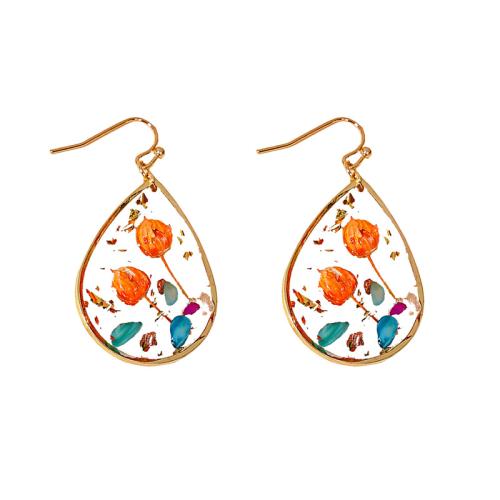 Resin Drop Earring, Brass, with Dried Flower & Resin, epoxy gel, for woman, orange 