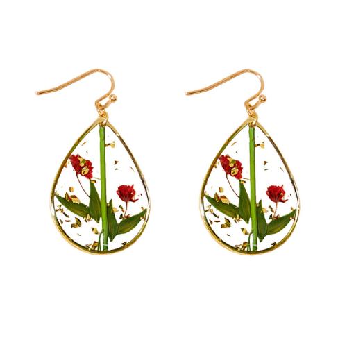 Resin Drop Earring, Brass, with Dried Flower & Resin, epoxy gel, for woman, golden 