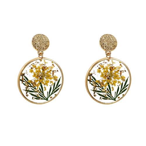 Resin Drop Earring, Brass, with Dried Flower & Resin, epoxy gel, for woman, golden 