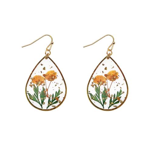 Resin Drop Earring, Brass, with Dried Flower & Resin, epoxy gel, for woman, golden 