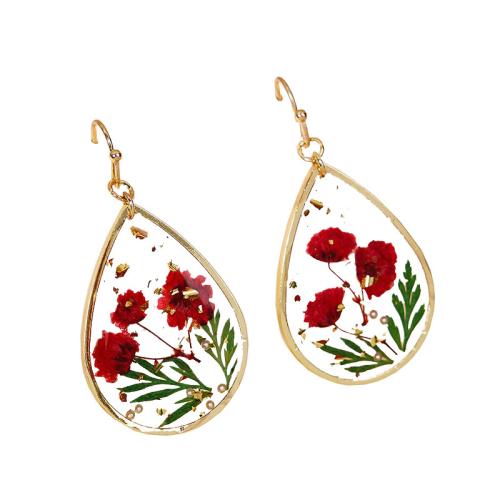 Resin Drop Earring, Brass, with Dried Flower & Resin, epoxy gel, for woman, golden 