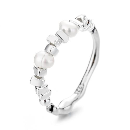 925 Sterling Silver Finger Ring, with Elastic Thread & Plastic Pearl, Korean style & for woman, silver color, US Ring 