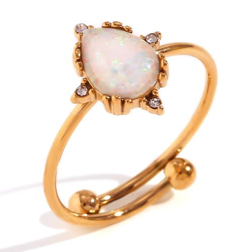 Gemstone Stainless Steel Finger Ring, 316L Stainless Steel, with Opal, 18K gold plated, fashion jewelry & for woman & with rhinestone, golden 