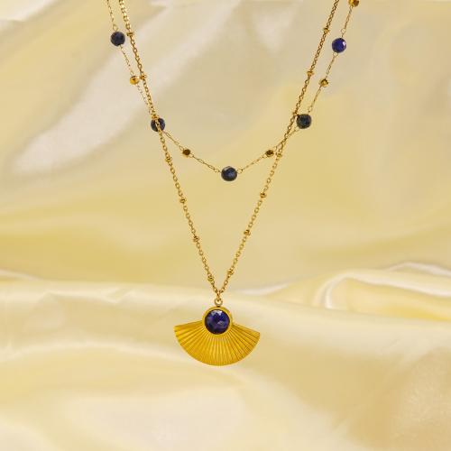 Natural Lapis Lazuli Necklace, 304 Stainless Steel, with Lapis Lazuli, with 5cm extender chain, Fan, Vacuum Ion Plating, Double Layer & fashion jewelry & for woman Approx 41 cm, Approx 46 cm 