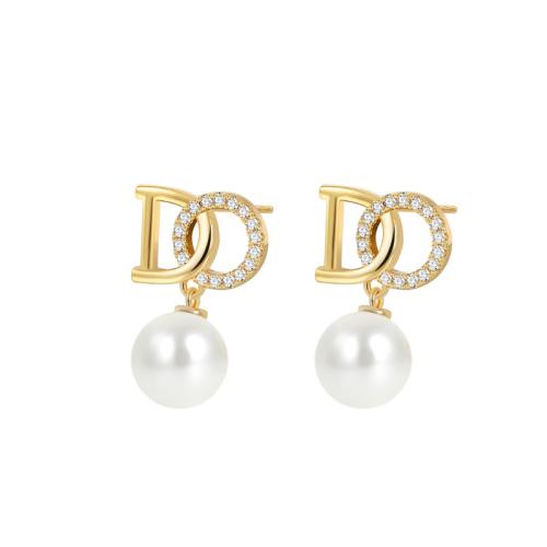 Cubic Zirconia Micro Pave Brass Earring, with Plastic Pearl, plated, micro pave cubic zirconia & for woman 