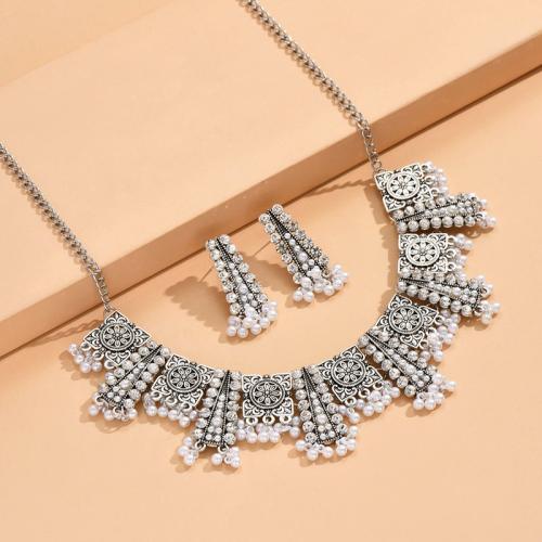 Rhinestone Zinc Alloy Jewelry Set, earring & necklace, with Plastic Pearl, plated, 2 pieces & for woman & with rhinestone, white [