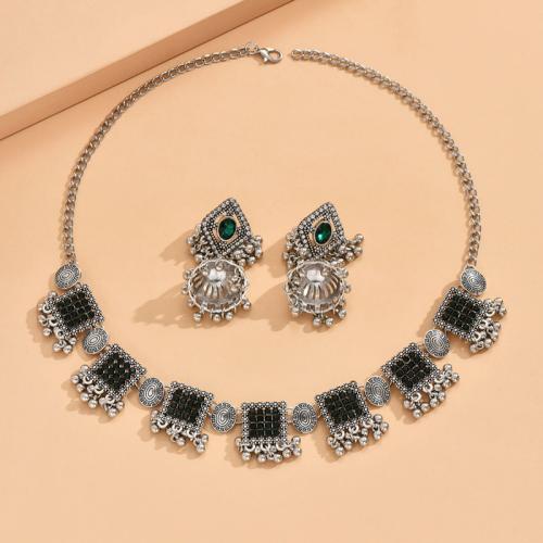 Rhinestone Zinc Alloy Jewelry Set, earring & necklace, plated, 2 pieces & for woman & with rhinestone, green [