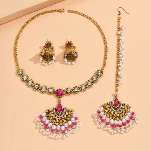 Rhinestone Zinc Alloy Jewelry Set, forehead chain & earring & necklace, with Plastic Pearl, plated, three pieces & for woman & with rhinestone [