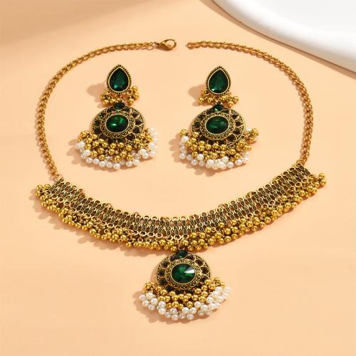 Rhinestone Zinc Alloy Jewelry Set, earring & necklace, with Plastic Pearl, 2 pieces & for woman & with rhinestone, green [