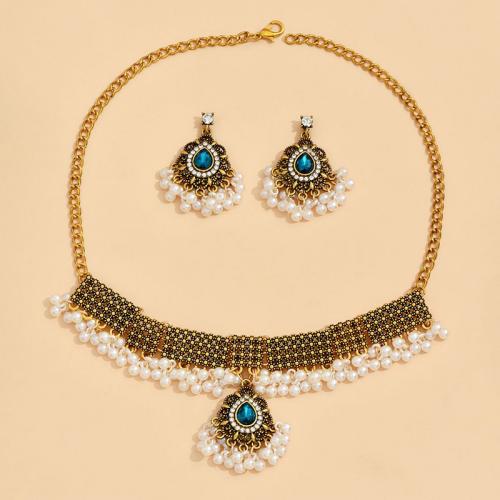 Rhinestone Zinc Alloy Jewelry Set, earring & necklace, with Plastic Pearl, 2 pieces & for woman & with rhinestone, blue [