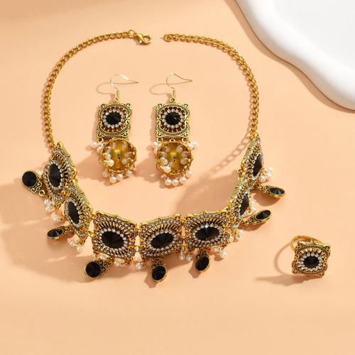 Rhinestone Zinc Alloy Jewelry Set, finger ring & earring & necklace, with Plastic Pearl, plated, three pieces & for woman & with rhinestone [