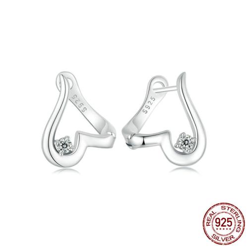 Plata de ley 925 Pendientes de palanca posterior, Corazón, chapado en platina real, micro arcilla de zirconia cúbica & para mujer & hueco, 12x15mm, diámetro interior:aproximado 9.5mm, Vendido por Par