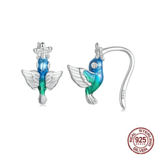 Plata de ley 925 Pendientes con Colgantes, Colibrí, chapado en platina real, micro arcilla de zirconia cúbica & para mujer & esmalte, 8x14mm, Vendido por Par