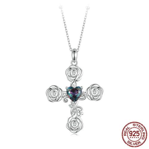 925 Sterling Silber Halskette, mit Glas, mit Verlängerungskettchen von 1.97inch, Kreuz, platiniert, Oval-Kette & Micro pave Zirkonia & für Frau, Länge:ca. 17.72 ZollInch, verkauft von PC