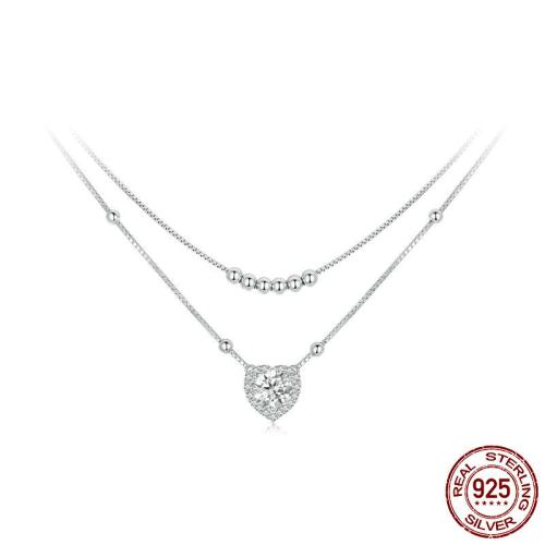 925 Sterling Silber Halskette, mit Moissanite, mit Verlängerungskettchen von 1.97inch, Herz, platiniert, Doppelschicht & Kastenkette & Micro pave Zirkonia & für Frau, Länge:ca. 15.75 ZollInch, verkauft von PC