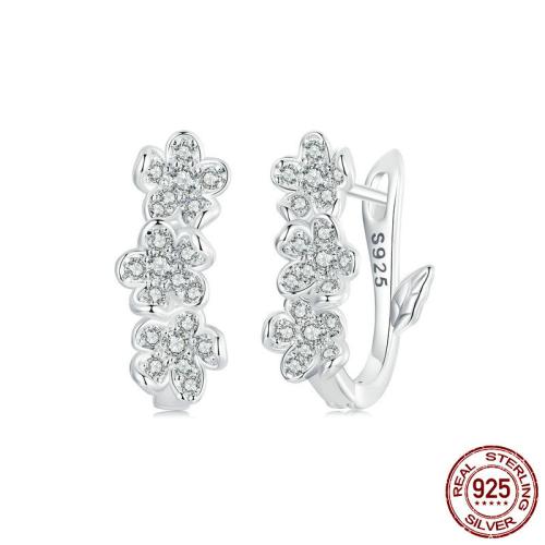 plata de ley 925 Pendientes de palanca posterior, Flor, chapado en platina real, micro arcilla de zirconia cúbica & para mujer, 6x15mm, diámetro interior:aproximado 10mm, Vendido por Par