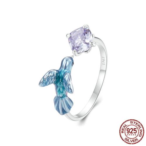 Argent sterling 925 Cuff Bague, oiseau, Plaqué de platine, pavé de micro zircon & pour femme & émail Vendu par PC