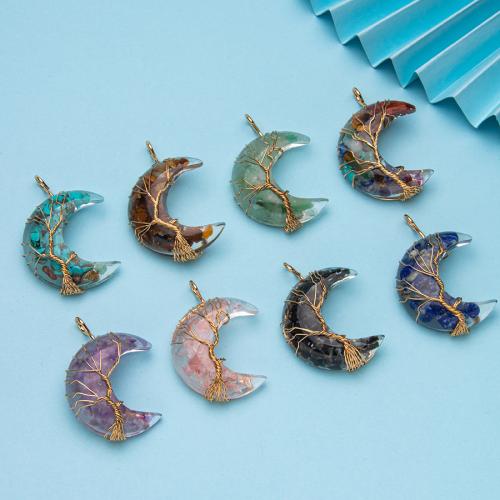 Gemstone Brass Pendants, with Resin & Brass, Moon, gold color plated, fashion jewelry & DIY 20mm 