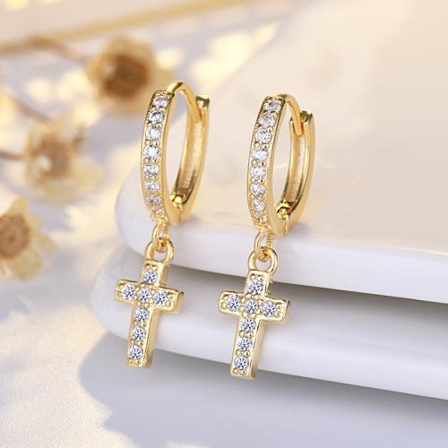 Cubic Zirconia Micro Pave Brass Earring, Cross, plated, fashion jewelry & micro pave cubic zirconia 