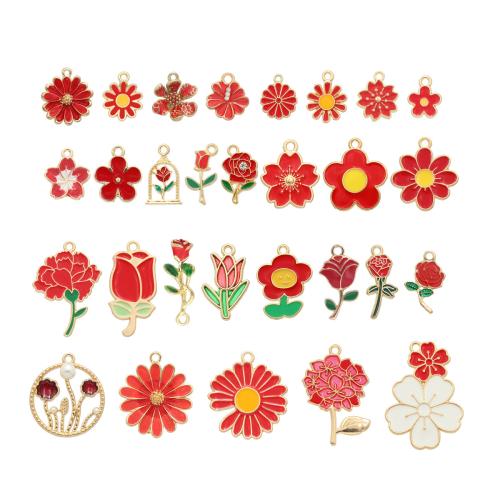 Zinc Alloy Enamel Pendants, with Plastic Pearl, Flower, DIY & micro pave cubic zirconia, red 