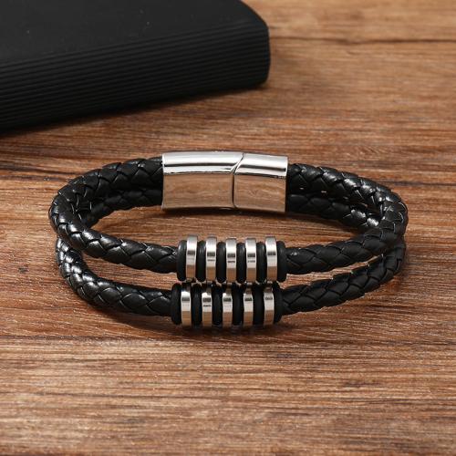 PU Leather Cord Bracelets, Zinc Alloy, with PU Leather & 304 Stainless Steel, for man, black 