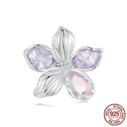 Perles zircon cubique en argent European, Argent sterling 925, avec Opale & verre & silicone, fleur, Plaqué de platine, DIY & pavé de micro zircon Environ 4.5mm, Vendu par PC