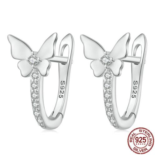 Plata de ley 925 Pendientes de palanca posterior, Mariposa, chapado en platina real, micro arcilla de zirconia cúbica & para mujer, 14x7mm, diámetro interior:aproximado 7mm, Vendido por Par