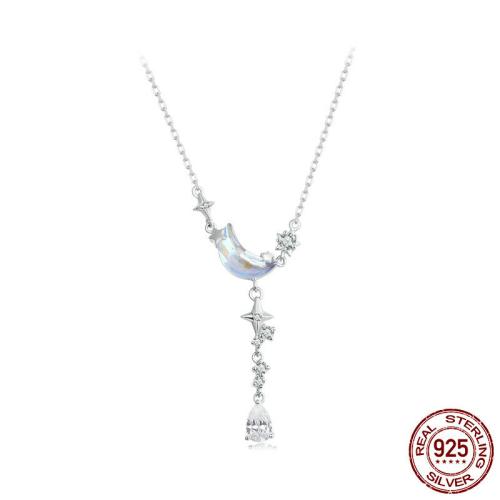 925er Sterling Silber Halskette, mit Glas, mit Verlängerungskettchen von 1.97inch, Mond und Sterne, platiniert, Oval-Kette & Micro pave Zirkonia & für Frau, Länge:ca. 15.75 ZollInch, verkauft von PC