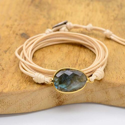 Fashion Create Wax Cord Bracelets, Zinc Alloy, with Labradorite & Wax Cord, fashion jewelry & multilayer & Unisex Approx 17.5 cm 