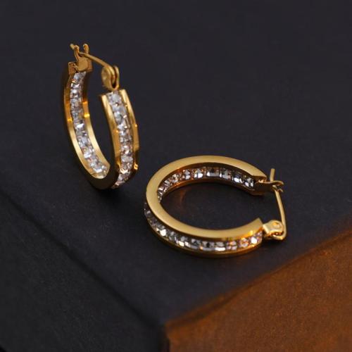 Boucles d'oreilles en acier titane, bijoux de mode & pavé de micro zircon & pour femme, doré, 20mm, Vendu par paire