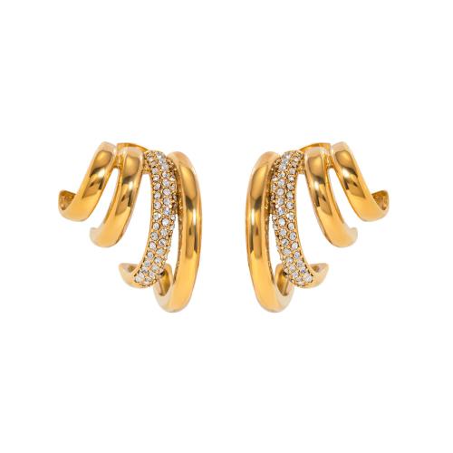 Stainless Steel Rhinestone Stud Earring, 304 Stainless Steel, 18K gold plated, fashion jewelry & for woman & with rhinestone, golden 