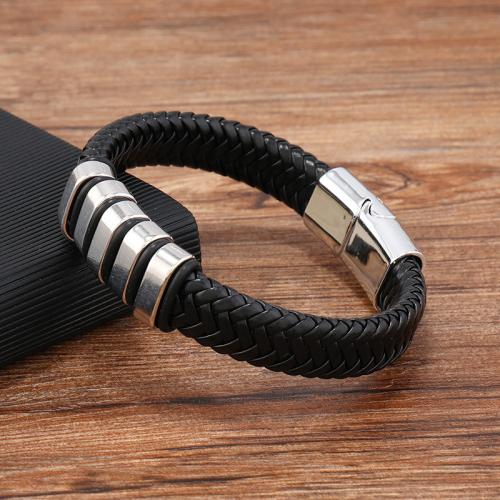 PU Leather Cord Bracelets, Zinc Alloy, with Magnet & PU Leather & 304 Stainless Steel, for man, black 