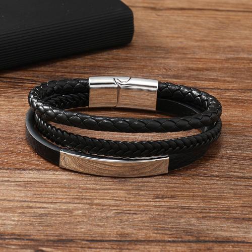 PU Leather Cord Bracelets, Zinc Alloy, with PU Leather & 304 Stainless Steel, for man, black 